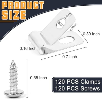 120 Pcs Fence Wire Clamps Stainless Steel Fencing Mounting Clips With120 Pcs Stainless Steel Screws for 12-16 Gauge Welded Wire to Wood, Metal or Vinyl Fence(X120 Kit) - size: x120 Pcs