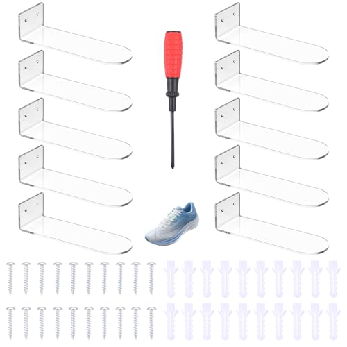 10 Pack Acrylic Floating Shoe Shelves, Clear Wall Mount Display Rack for Sneakers Collection, Shoe Organizer Holder with Hardware, 8x3x2 Inch