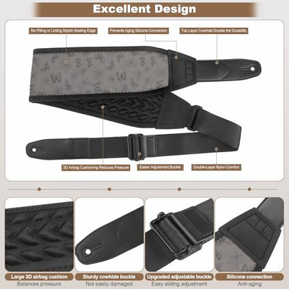 Guitar Straps for Electric Guitar Bass, Smooth Guitar Strap, 3" Wide Padded Straps with 3D Sponge Filling, Comes with 4 Picks + 2 Strap Locks + 1 Headstock Tie + 1 Tie Rope, Gray Butterfly - color: Smooth Gray Butterfly