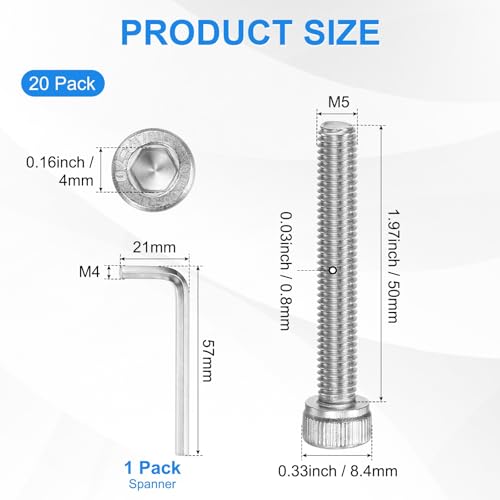 M METERXITY 20-Pack M5 x 50mm Socket Head Cap Screws, 304 Stainless Steel Hex Machine Bolts, Allen Socket Drive Screw with Hex Wrench for Repair/DIY, Fully Threaded Fasteners Kit [Silver] - size: M5 x 50mm