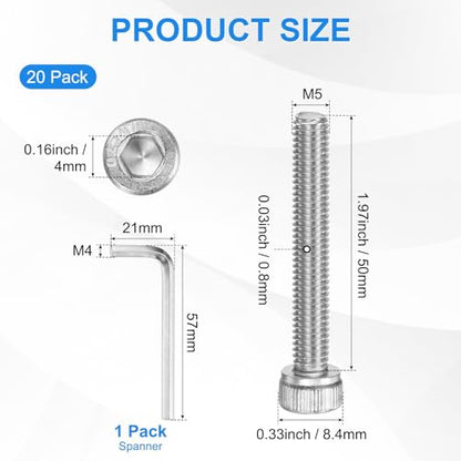 M METERXITY 20-Pack M5 x 50mm Socket Head Cap Screws, 304 Stainless Steel Hex Machine Bolts, Allen Socket Drive Screw with Hex Wrench for Repair/DIY, Fully Threaded Fasteners Kit [Silver] - size: M5 x 50mm
