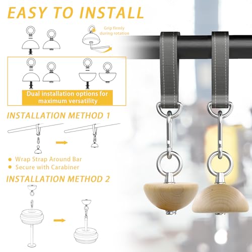 Wooden Grip Balls for Pull-Ups – 2-in-1 Flat Top & Half-Sphere Design – Beech Wood Forearm Strength Trainer with Straps & Metal Clips – for Climbers & Athletes