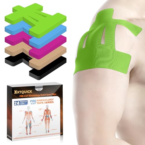 KTQUICK Precut Kinesiology Tape for Shoulder, 24 PCS, 20% Stronger Adhesive | Green, Precut Shoulder Support Tape with Premium Cotton, Breathable, Waterproof, Latex-Free Athletic Tape for Training&Sports - color: Green, size: 24PCS