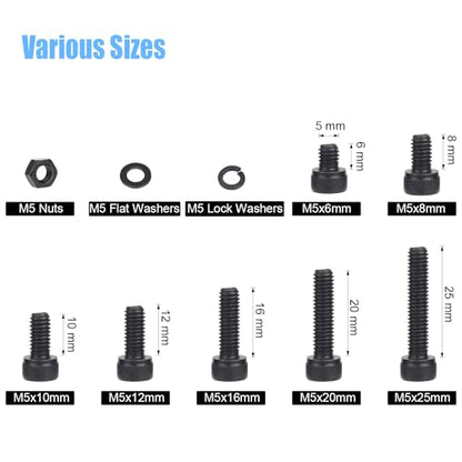 DYWISHKEY 226 Pieces M5 Black Screws, 12.9 Grade Alloy Steel M5x 6/8 /10/12 /16/20 /25mm Hex Socket Head Cap Screws Bolts Nuts Washers Assortment Kit - size: M5, style: Socket Head
