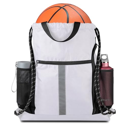 BeeGreen White_Drawstring_Backpack_Bag_Sports_Gym_Backpack with Shoe Compartment and Two Water Bottle Holder for Men Women Large String Athletic Sackpack Workbag White - color: White, style: Drawstring With Shoe Compartment