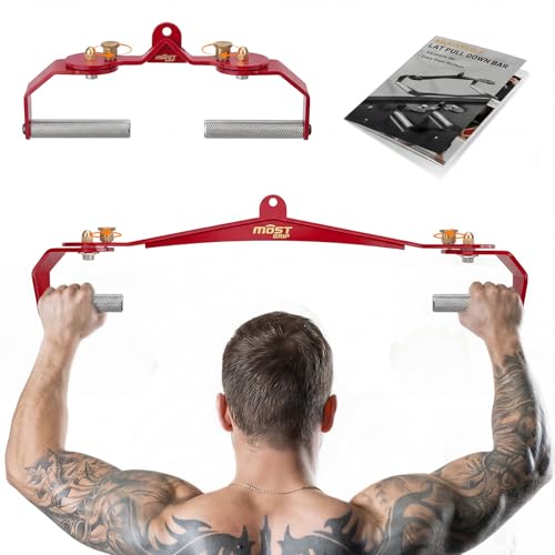 LAT Pull Down Bar Set with 360° Rotatable Handles, LAT Pulldown Attachments for Whole Back Training, Heavy-Duty Locking LAT Pulldown Bars for Home Gym Cable - color: Red