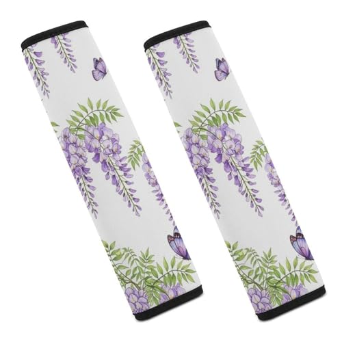 2 Pack Spring Leaves Purple Lavender Floral Butterfly Car Seat Belt Pad Soft Padded Seat Belt Cushion for Child, Stroller Pushchair High Chair, Shock Absorption - color: Pattern 337