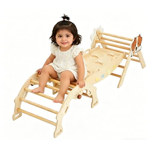 7-in-1 Collapsible Climbing Triangle Climbing Set for Toddlers, Wooden Indoor Jungle Gym Playground with Arch, Ramp & Ladder, Space-Saving, Toddler Climbing Toys, Natural Wood Color - color: Wooden Frame