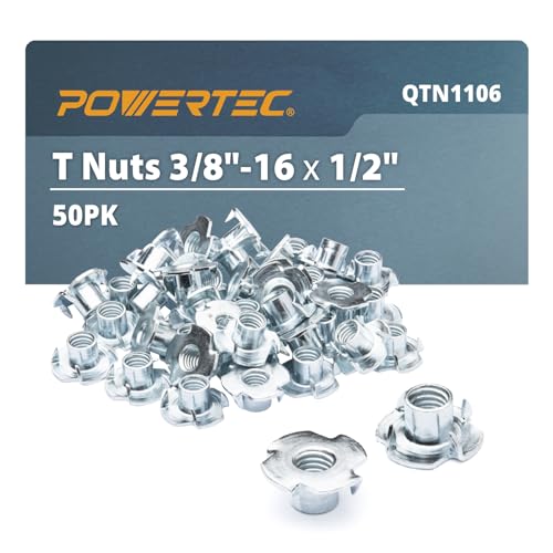 POWERTEC 3/8-16 T Nuts, 50 Pcs | 4 Pronged Tee Nuts for Bolts and Stem Caster Wheels, Threaded Inserts for Wood Working, Rock Climbing Holds and Furniture, for Use with Hammer | 1/2" Length (QTN1106) - size: 13/32", style: 3/8"-16