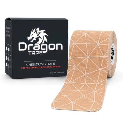 Dragon Tape Copper Infused Kinesiology Tape, Skin, Single Roll | 20 Precut Strips per Roll, Water Resistant, Elastic Athletic Tape, Muscle Strain & Joint Support, Weightlifting & Recovery - color: Skin, size: Single Roll