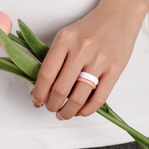 Egnaro Women's Stackable Silicone Rings, 2.5/5.5mm Wide 1.8/2mm Thick Bands | Comfort-Fit Rubber Bands Offer Breathable Flexibility for Nurses, Workouts, Pregnancy, Yoga, Travel, Office, and All-Day Wear - color: SETE1-Metallic Silver, Bronze, White, Ligh