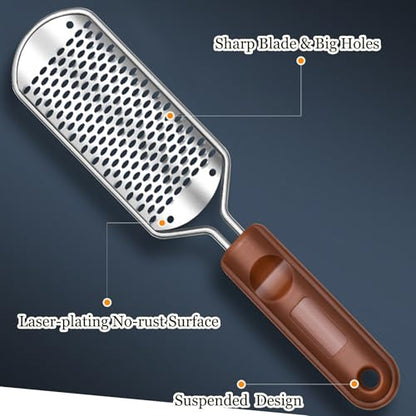 Foot Files Foot Scrubber Pedicure, Stainless Steel Callus Remover for Feet, Professional Foot Grater Rasp Scraper to Hard Skin Corns for Dry and Wet Fee - style: 1X Foot Files(Brown)
