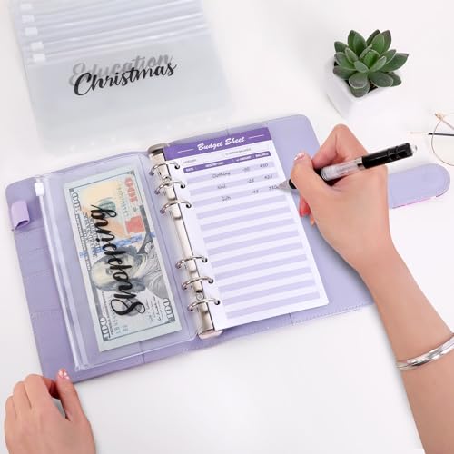 SKYDUE Budget Binder, Money Saving Binder with Zipper Envelopes, Cash Envelopes and Expense Budget Sheets for Budgeting - color: Mabble Purple