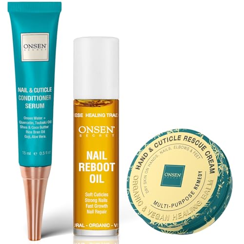 Onsen Nail & Cuticle Rescue Kit – Conditioner Serum, Repair Oil & Cuticle Balm – Tsubaki, Shea Butter, Jojoba – Strengthens Nails, Softens Cuticles, Hydrates Skin (15ml Serum+10ml Oil+32.5ml Cream) - size: 0.57 Ounce (Pack of 3)