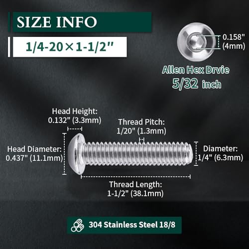 1/4-20 x 1-1/2" Button Head Socket Cap Bolts Screws, 304 Stainless Steel 18-8, Allen Hex Drive, Bright Finish, Fully Machine Thread, Pack of 100 - size: 1/4-20 x 1-1/2