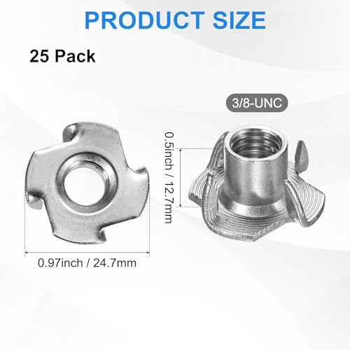 M METERXITY 25-Pack 3/8-UNC T-nut, 4/8" Barrel Length Stainless Steel 4-Pronged Tee Nut Threaded Insert for Wood/Rock Climbing Holds/Furniture, Corrosion Resistant Fasteners - size: 3/8-UNC