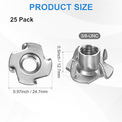 M METERXITY 25-Pack 3/8-UNC T-nut, 4/8" Barrel Length Stainless Steel 4-Pronged Tee Nut Threaded Insert for Wood/Rock Climbing Holds/Furniture, Corrosion Resistant Fasteners - size: 3/8-UNC