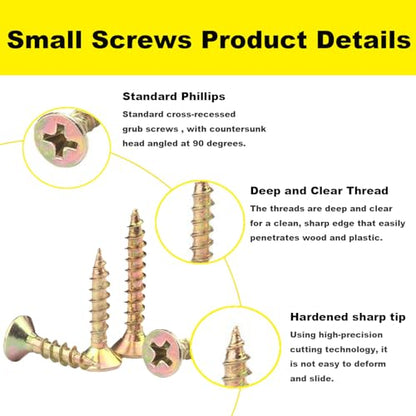 #4 Flat Head Phillips Wood Screws 150Pcs, Yellow Zinc, 5/16" | M3x8mm Yellow Zinc small hardware. Ideal countersunk solution for assembling wooden cabinets and furniture. - color: Yellow, size: #4 x 5/16''-150pcs
