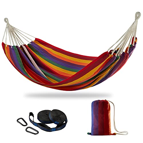 Brazilian Double Hammock with Tree Straps, Extra Large, 450 lbs Capacity | Soft Woven Cotton Fabric, 94.5 × 63 in, 2-Person Hammock with Carry Bag for Backyard, Patio, Indoor & Outdoor, Red Stripe - color: Red Stripe, size: X-Large