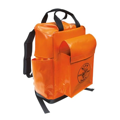 Klein Tools 5185ORA Tool Bag Backpack, Made in USA, Lineman Backpack, Adjustable Padded Shoulder Straps, Double-Stitched Bottom with Drain Holes, Orange