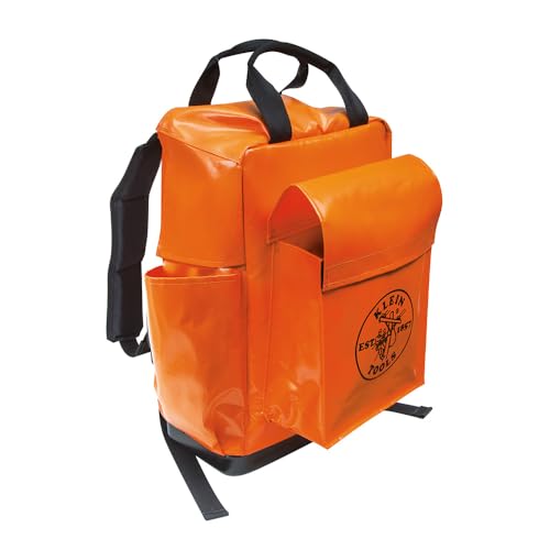 Klein Tools 5185ORA Tool Bag Backpack, Made in USA, Lineman Backpack, Adjustable Padded Shoulder Straps, Double-Stitched Bottom with Drain Holes, Orange