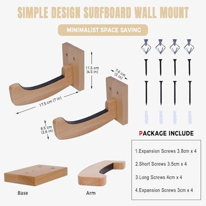 Surfboard Wall Mount Wooden Surf Board Wall Racks for 1 Board | Storage and Display Your Surfboards / Skimboards / Skateboards