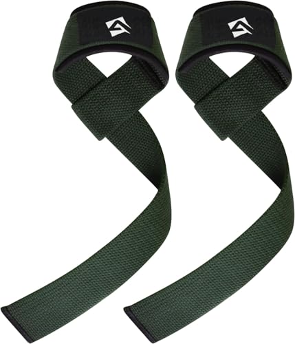 AQF Weight Lifting Straps, Padded Cotton Gym Wrist Straps for Deadlifts | 23" Extra-Long, Heavy-Duty Webbing, 5mm Neoprene Cushioning, Open-Loop Design, Sold as Pair, Ideal for Rows & Pull Workout - color: Military Green