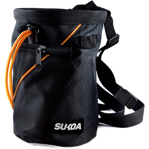 Chalk Bag for Rock Climbing - Rock Climbing Gifts Gear Accessories - Quick-Clip Belt, Large Zippered Pockets & Brush Holder - Weight Lifting, Gym, Bouldering, Disc Golf, Wall, Rock Climbing Chalk Bag - color: Sukoa Orange
