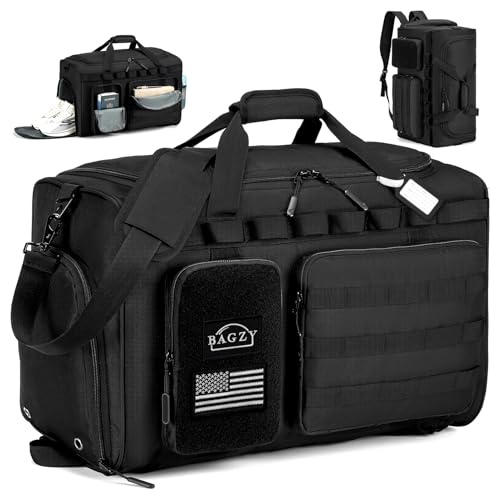 Tactical Gym Bag for Men 50L Sports Duffel Bags 3 in 1 Travel Duffel Bag with Shoe Compartment Workout Backpack Carry on Luggage 22x14x9 Airline Approved for Overnight Weekender Travel Black - style: 50l-black