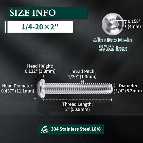 1/4-20 x 2 Button Head Socket Cap Bolts Screws, 304 Stainless Steel 18-8, Allen Hex Drive, Bright Finish, Fully Machine Thread, Pack of 50 - size: 1/4-20 x 2