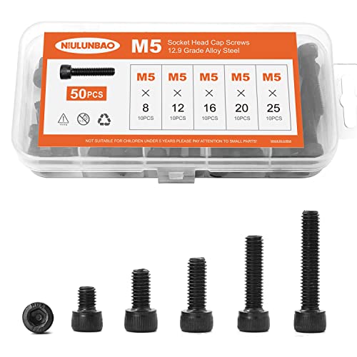 M5 x 8mm 12mm 16mm 20mm 25mm Hex Socket Head Cap Screws Bolts, 12.9 Grade Alloy Steel, Black Oxide Finish, Allen Hex Drive, Metric Machine Fully Threaded, Assortment Kit 50PCS - size: M5 x 8/12/16/20/25mm (50PCS)