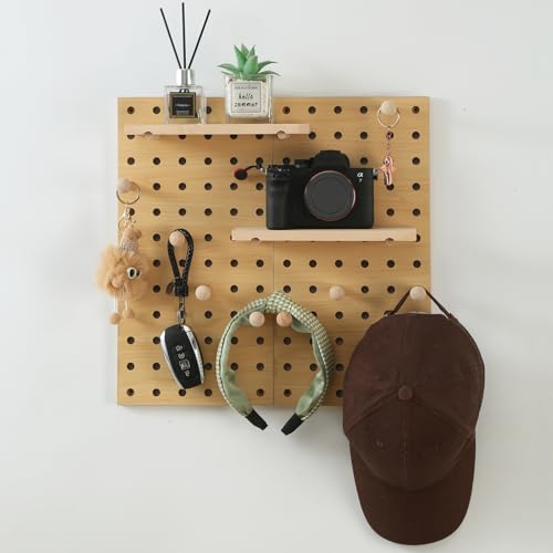 2 Pack Beige Wooden Pegboard Modular Wall Organizer | Includes hooks & shelf, multi-use for home/office/bathroom/laundry room - color: Begie