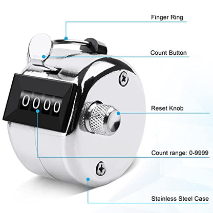 Oligei 2 Pack Metal Hand Counter Four-Digit Counter with Nylon Lanyard Silver Counter Click Counter Handheld Click Counter Digital Counting