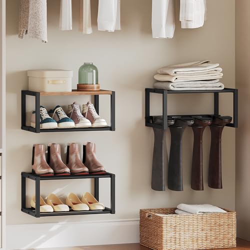 YATINEY Wall Mounted Shoe Rack, Shoe Organizer for Wall, 3 Pack Floating Shoe Shelf, Hanging Metal Shoe Storage, Holds 6-12 Pairs, 6-Tier Space Saving for Entryway, Rustic Brown and Black SS01BR