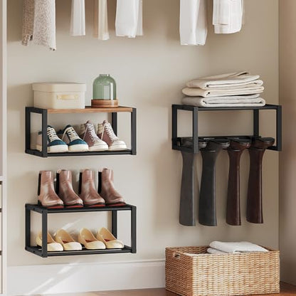 YATINEY Wall Mounted Shoe Rack, Shoe Organizer for Wall, 3 Pack Floating Shoe Shelf, Hanging Metal Shoe Storage, Holds 6-12 Pairs, 6-Tier Space Saving for Entryway, Rustic Brown and Black SS01BR