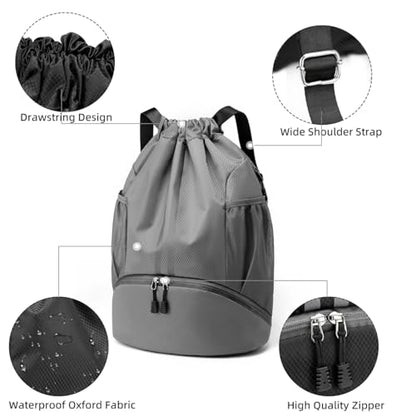 Valleycomfy Sports Drawstring Backpack - Water Resistant String Bag | with Side Mesh Pockets Shoe Compartment Gym Backpack for Women & Men Dark Grey - color: A-dark Grey