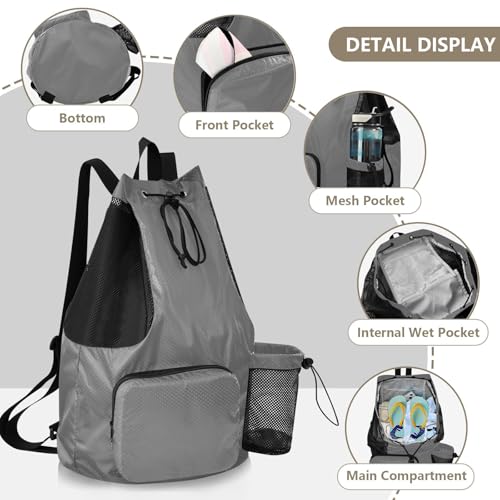 Yuiboo Gray Drawstring Gym Bags for Men Women Climbing Gym Bag with Water Bottle Pocket Pull String Back Pack Wet and Dry Separation