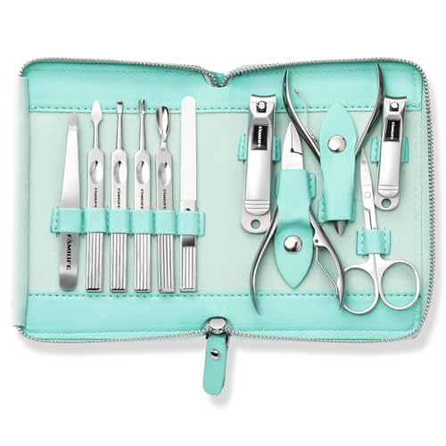 FAMILIFE Manicure Kit for Women, Professional Manicure Set Nail Clippers Set 11 in 1 Stainless Steel Pedicure Tools Nail Kit Men Grooming Tool with Portable Green Travel Case for Home, Travel - color: Green