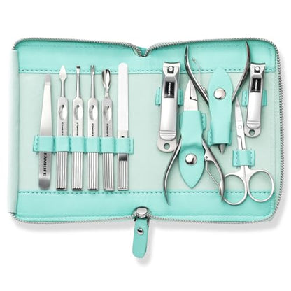 FAMILIFE Manicure Kit for Women, Professional Manicure Set Nail Clippers Set 11 in 1 Stainless Steel Pedicure Tools Nail Kit Men Grooming Tool with Portable Green Travel Case for Home, Travel - color: Green