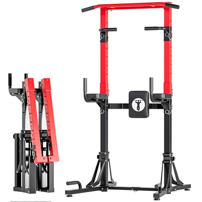 soges Foldable Power Tower Pull Up Bar Station with 6-Level Height Adjustment, Heavy Duty Free Standing Dip Station for Home Gym, Space-Saving Strength Training Equipment for Full Body Workout