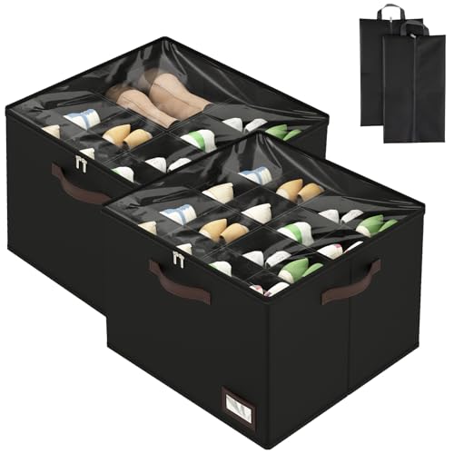OIAHOMY 2 Pack Shoe Organizer for Closet, Large Foldable Shoe Storage Bins with Dividers and Reinforced Handles, Each Clear Cover Sneaker Box Fits Up to 16 Pairs for Entryway and Bedroom, Black - color: Black, size: Large