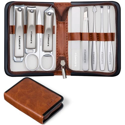 FAMILIFE Nail Care Kit 9-in-1 Professional - Carbon Steel Cuticle Scissors, Fingernail & Toenail Clippers for Nails, Manicure Set Travel Grooming Kit with Case (Brown) - color: Brown
