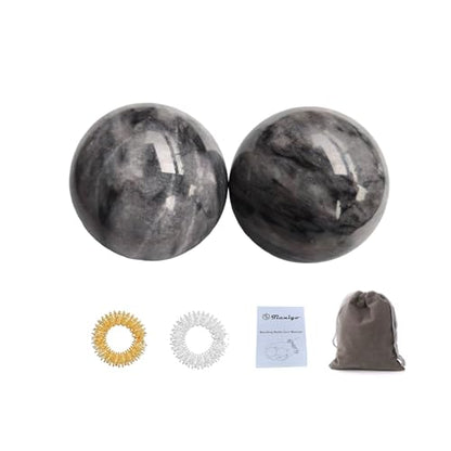 Baoding Balls 2Pcs, 2 inch Natural Marble Baoding Chinese Meditation Balls, with Carry Case for Hands Stress Relief, Dark Grey - color: Dark Grey, size: Large-2"