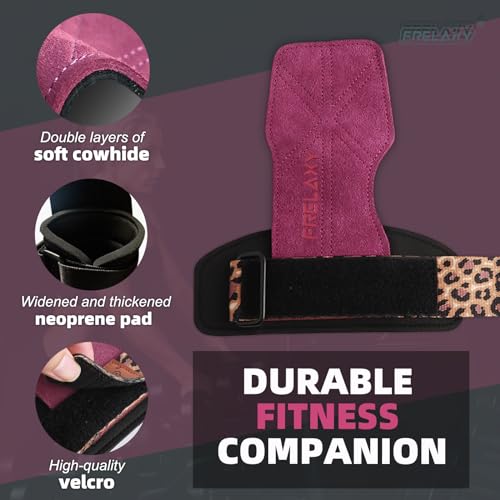 Frelaxy Lifting Wrist Straps for Women and Men, Weight Lifting Grips | Double-layer leather, Cushioned wrist support, Durable construction, Storage pouch, Deadlifts, rows, lat pulldowns - color: Purple/Leopard