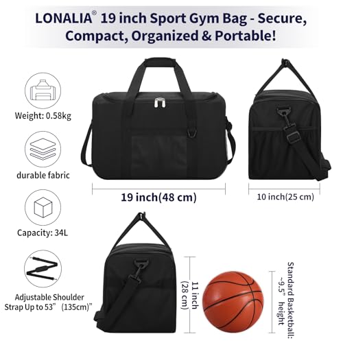 35L Sports Gym Duffle Bag - 19 inch Weekender Duffel for Workout, Basketball, Fitness, Training (Black) - color: Black