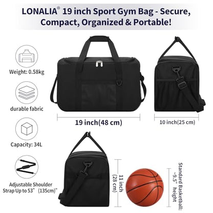 35L Sports Gym Duffle Bag - 19 inch Weekender Duffel for Workout, Basketball, Fitness, Training (Black) - color: Black