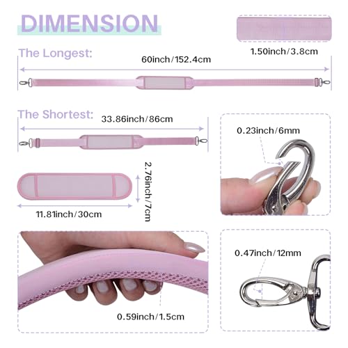 60 Inch Shoulder Strap for Bag with Removable Ultra-Thick Pad | 60" Shoulder Strap with Removable Thick Pad,Adjustable Buckles and Metal Hooks, for Briefcase/Laptop/Messenger/Luggage Bag - color: Pink