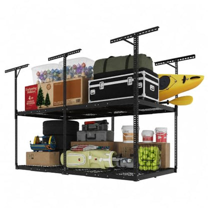 FLEXIMOUNTS 4x8 2-Tier Garage Ceiling Storage Rack, Black | 1000 lbs Capacity, Adjustable Height Overhead System, Heavy Duty Metal Shelving, Ideal for 9-15 ft High Ceilings