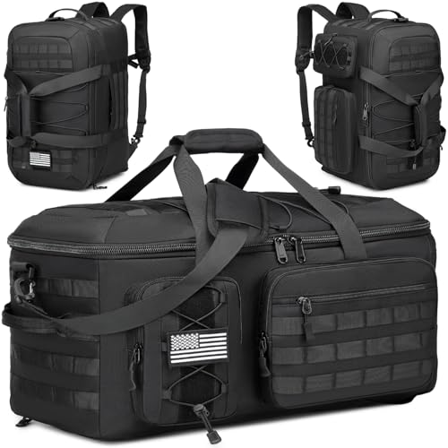 50L Gym Bag for Men and Women, 3-in-1 Duffle Bag for Travel Sports with Shoe Compartment, Military Tactical Backpack for Overnight Weekender Workout - color: Black, size: 50L
