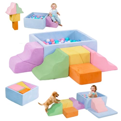 STAOLENE 7PCS Soft Foam Climbing Blocks for Toddlers | Indoor Foam Play Set with Ball Pit (No Balls), Macaron Climbing Toys for Toddler, Crawl and Slide Sensory Activity Gym - color: Macaron Color